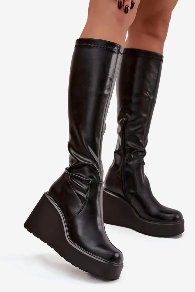 Clearance Boto Kozaki Damskie Na Koturnie Czarne Terisse