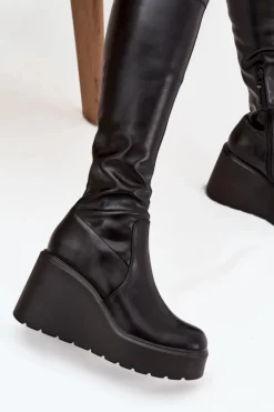 Clearance Boto Kozaki Damskie Na Koturnie Czarne Terisse