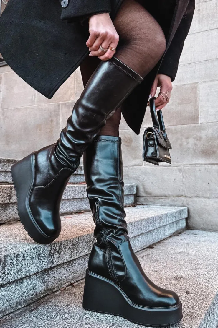 Clearance Boto Kozaki Damskie Na Koturnie Czarne Terisse