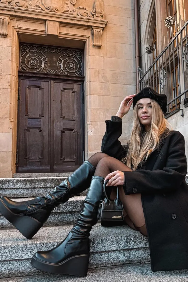 Clearance Boto Kozaki Damskie Na Koturnie Czarne Terisse