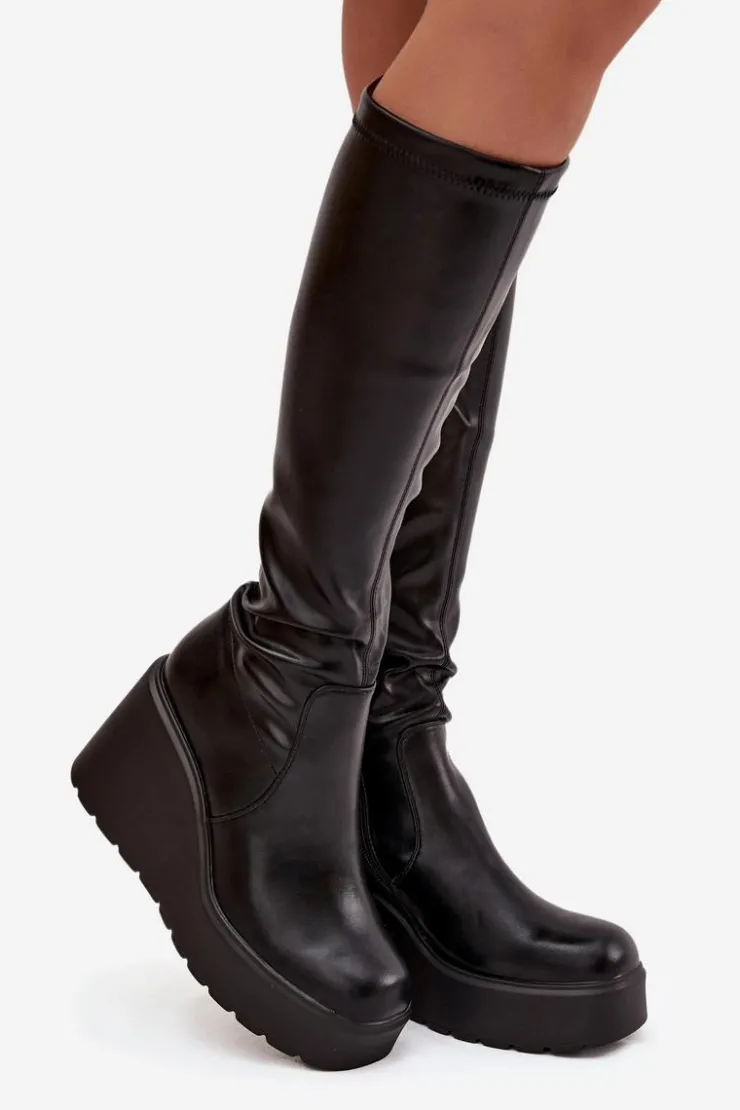 Clearance Boto Kozaki Damskie Na Koturnie Czarne Terisse