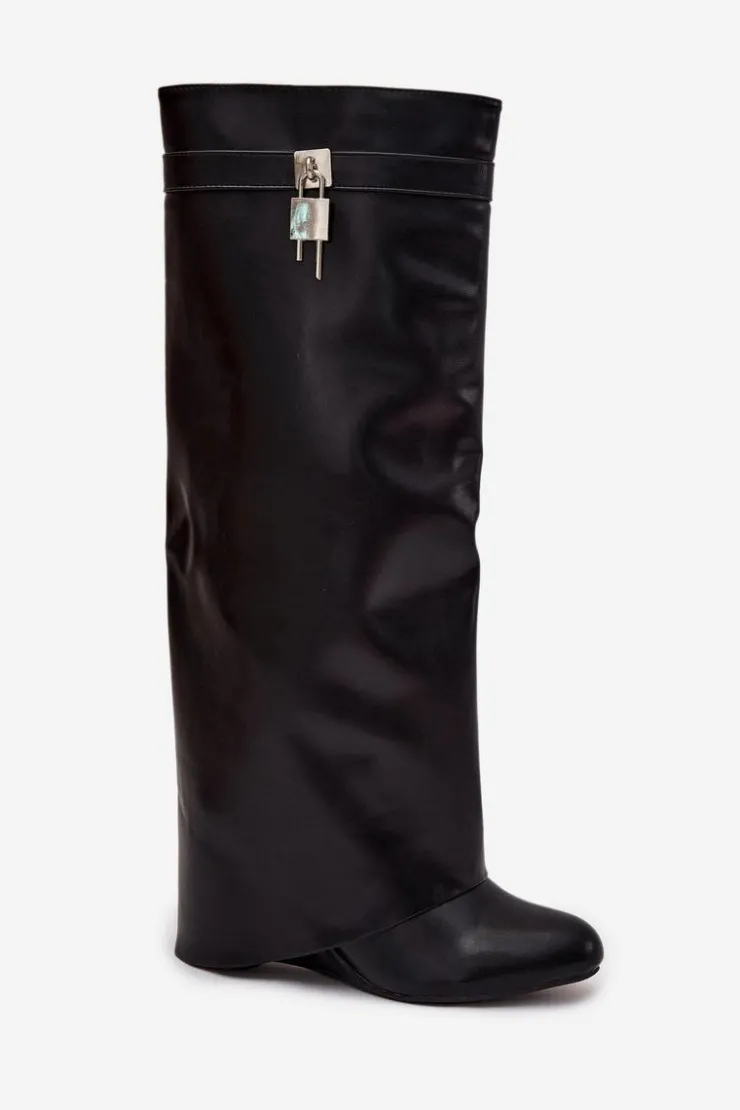 Best Boto Kozaki Damskie Na Koturnie Z Paskiem I Srebrnym Detalem Eko Skórzane Czarne Korivelle Czarny