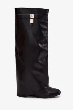 Best Boto Kozaki Damskie Na Koturnie Z Paskiem I Srebrnym Detalem Eko Skórzane Czarne Korivelle Czarny