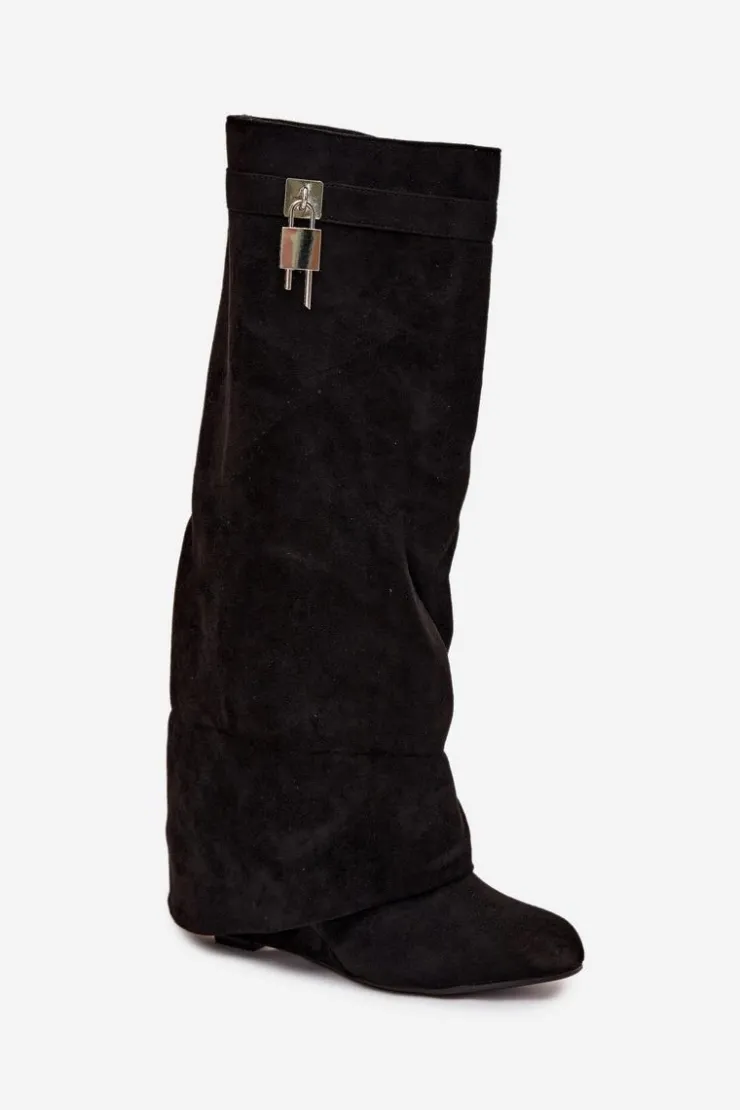 Boto Kozaki Ocieplane|Kozaki Na Koturnie*Kozaki Damskie Na Koturnie Z Paskiem I Srebrnym Detalem Czarne Korivelle