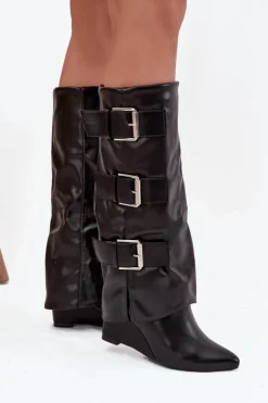 Damskie Boto Kozaki Damskie Na Koturnie Z Wywiniętą Cholewką I Srebrnymi Klamrami Czarne Sarisse
