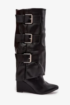 Damskie Boto Kozaki Damskie Na Koturnie Z Wywiniętą Cholewką I Srebrnymi Klamrami Czarne Sarisse