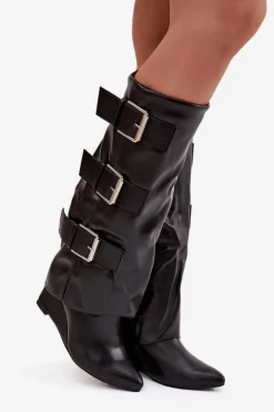 Damskie Boto Kozaki Damskie Na Koturnie Z Wywiniętą Cholewką I Srebrnymi Klamrami Czarne Sarisse