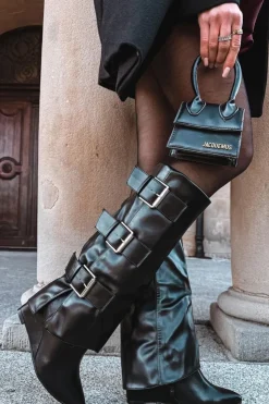 Damskie Boto Kozaki Damskie Na Koturnie Z Wywiniętą Cholewką I Srebrnymi Klamrami Czarne Sarisse