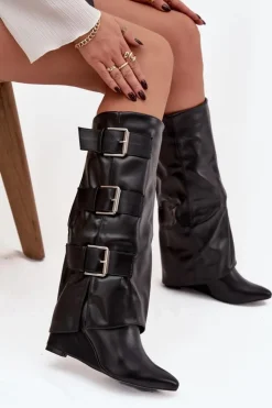 Damskie Boto Kozaki Damskie Na Koturnie Z Wywiniętą Cholewką I Srebrnymi Klamrami Czarne Sarisse