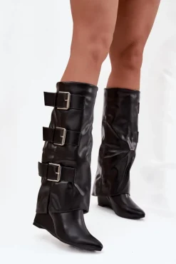 Damskie Boto Kozaki Damskie Na Koturnie Z Wywiniętą Cholewką I Srebrnymi Klamrami Czarne Sarisse