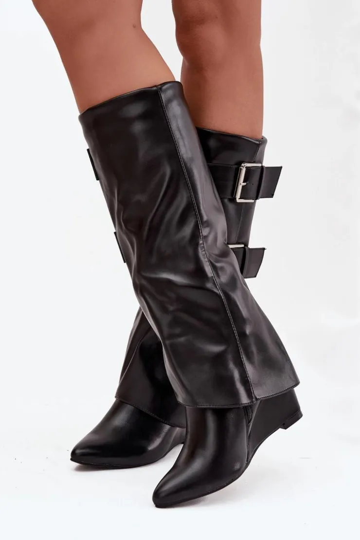 Damskie Boto Kozaki Damskie Na Koturnie Z Wywiniętą Cholewką I Srebrnymi Klamrami Czarne Sarisse