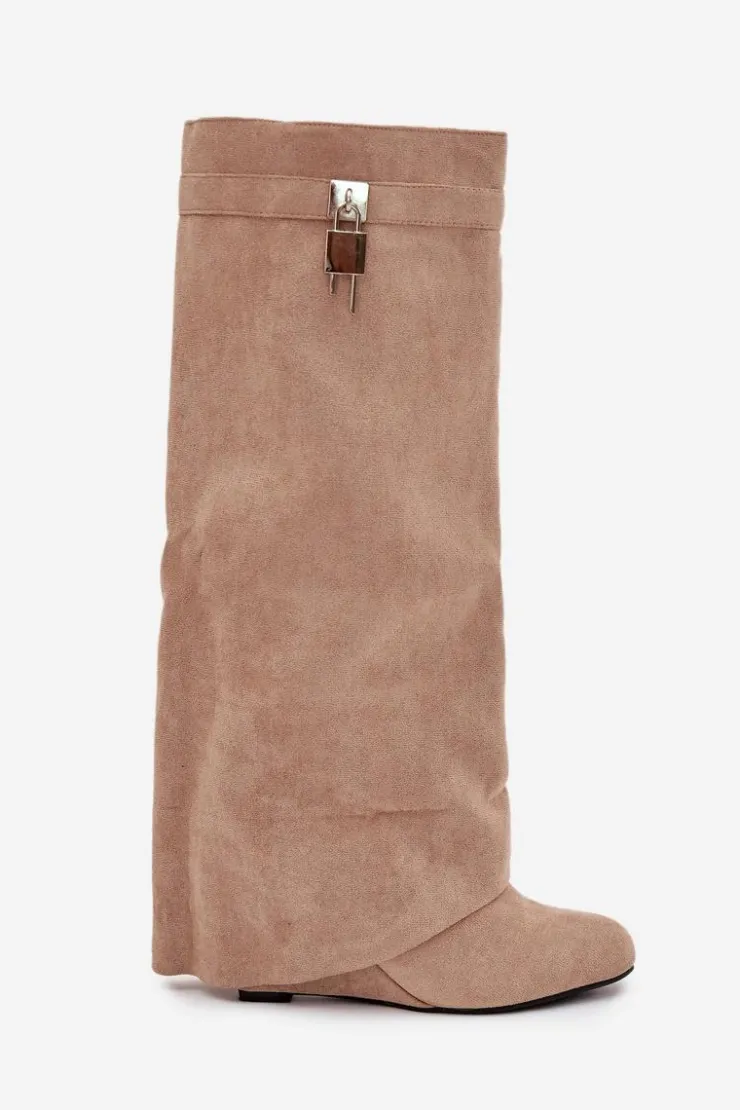 Boto Kozaki Ocieplane|Kozaki Na Koturnie*Kozaki Damskie Na Koturnie Z Paskiem I Srebrnym Detalem Beżowe Korivelle Beżowy