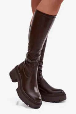 Boto Kozaki Na Obcasie*Kozaki Damskie Na Masywnym Obcasie I Platformie Wsuwane Brązowe Florinne