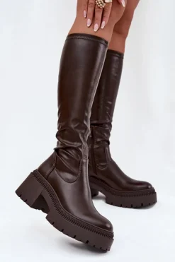 Boto Kozaki Na Obcasie*Kozaki Damskie Na Masywnym Obcasie I Platformie Wsuwane Brązowe Florinne