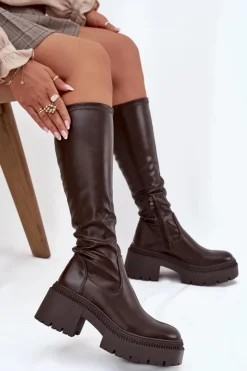 Boto Kozaki Na Obcasie*Kozaki Damskie Na Masywnym Obcasie I Platformie Wsuwane Brązowe Florinne