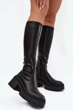 Discount Boto Kozaki Damskie Na Masywnym Obcasie I Platformie Wsuwane Czarne Florinne