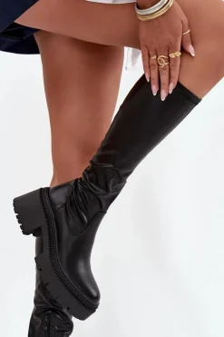 Discount Boto Kozaki Damskie Na Masywnym Obcasie I Platformie Wsuwane Czarne Florinne