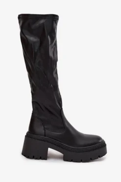 Discount Boto Kozaki Damskie Na Masywnym Obcasie I Platformie Wsuwane Czarne Florinne