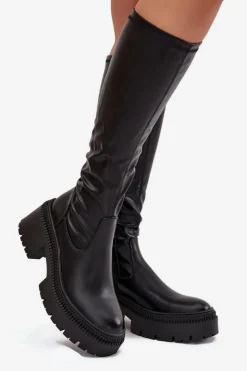 Discount Boto Kozaki Damskie Na Masywnym Obcasie I Platformie Wsuwane Czarne Florinne