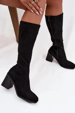 Damskie Boto Kozaki Damskie Na Masywnym Słupku Eko Zamszowe Czarne Traven