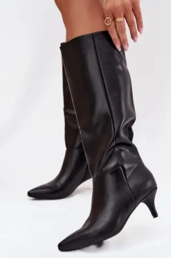 Damskie Boto Kozaki Damskie Na Niskiej Szpilce Ocieplane Z Eko Skóry Czarne Marcellia