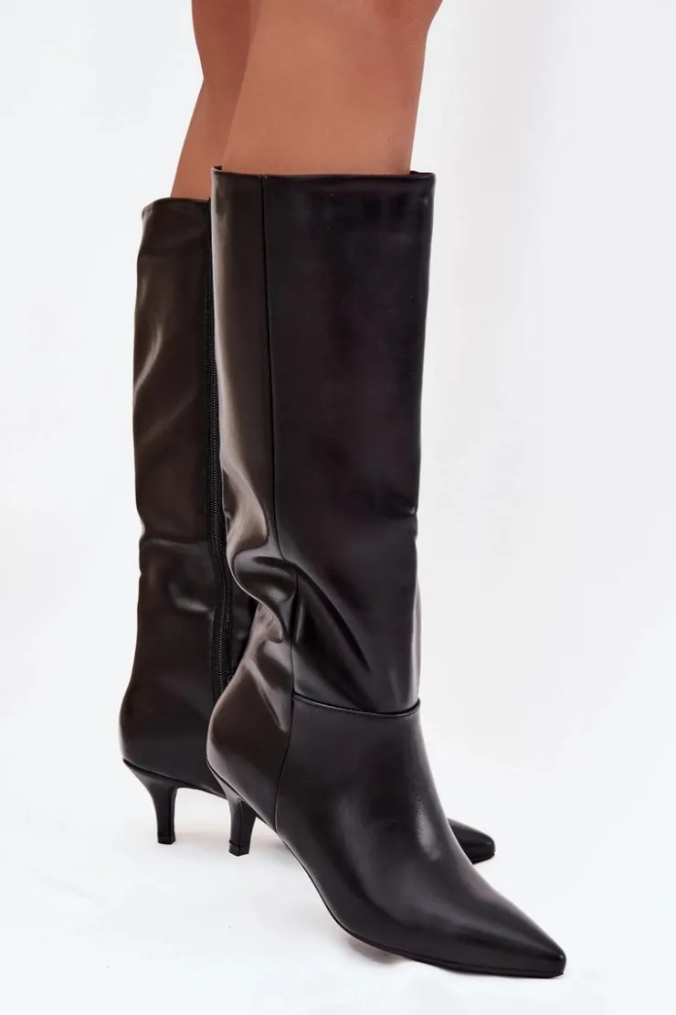 Damskie Boto Kozaki Damskie Na Niskiej Szpilce Ocieplane Z Eko Skóry Czarne Marcellia