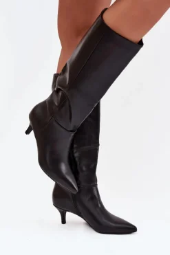 Damskie Boto Kozaki Damskie Na Niskiej Szpilce Ocieplane Z Eko Skóry Czarne Marcellia