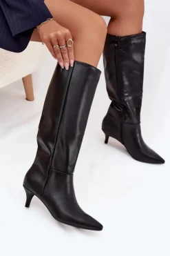 Damskie Boto Kozaki Damskie Na Niskiej Szpilce Ocieplane Z Eko Skóry Czarne Marcellia
