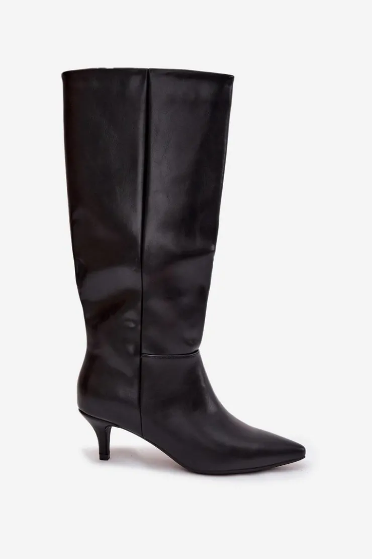 Damskie Boto Kozaki Damskie Na Niskiej Szpilce Ocieplane Z Eko Skóry Czarne Marcellia