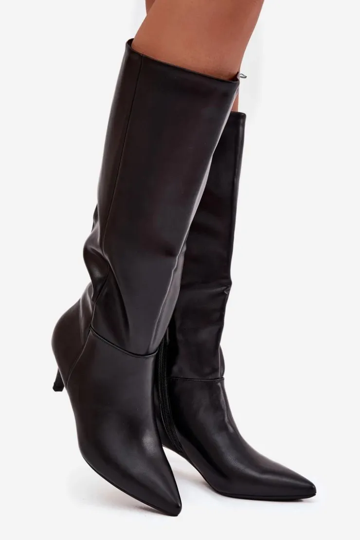 Damskie Boto Kozaki Damskie Na Niskiej Szpilce Ocieplane Z Eko Skóry Czarne Marcellia