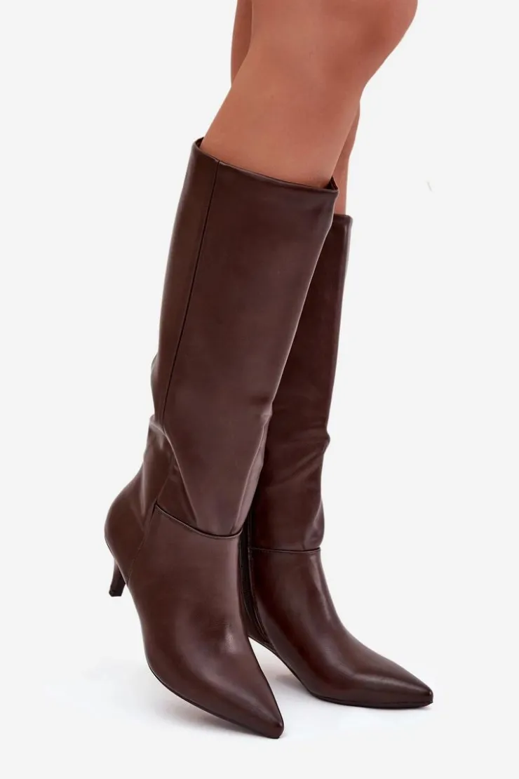 Boto Kozaki Damskie Na Niskiej Szpilce Ocieplane Z Eko Skóry Czekoladowe Marcellia