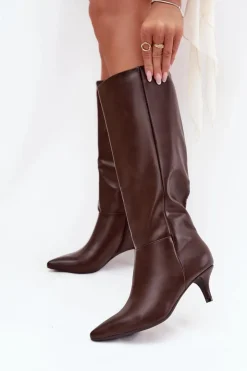 Boto Kozaki Damskie Na Niskiej Szpilce Ocieplane Z Eko Skóry Czekoladowe Marcellia