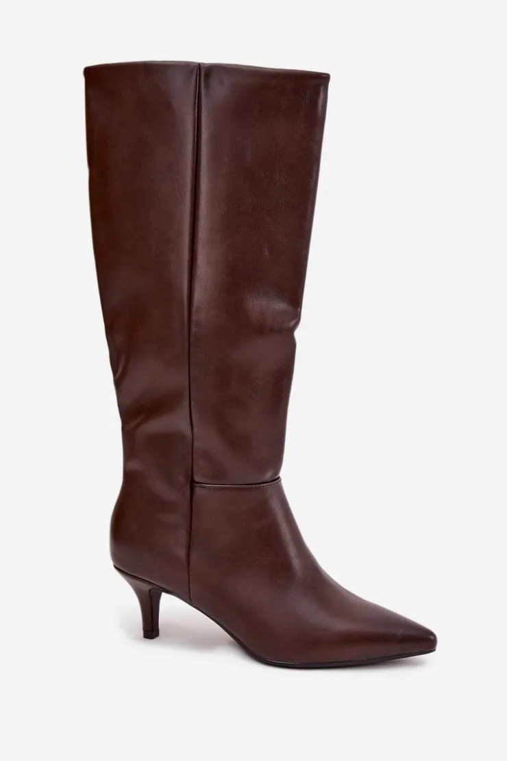 Boto Kozaki Damskie Na Niskiej Szpilce Ocieplane Z Eko Skóry Czekoladowe Marcellia