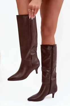 Boto Kozaki Damskie Na Niskiej Szpilce Ocieplane Z Eko Skóry Czekoladowe Marcellia