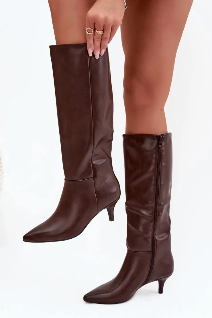 Boto Kozaki Damskie Na Niskiej Szpilce Ocieplane Z Eko Skóry Czekoladowe Marcellia