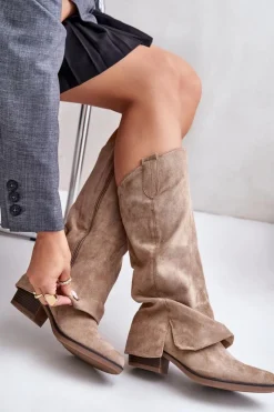 Boto Kozaki Przed Kolano|Kozaki Na Obcasie*Kozaki Damskie Na Niskim Obcasie Z Wywiniętą Cholewką Beżowe Stinova
