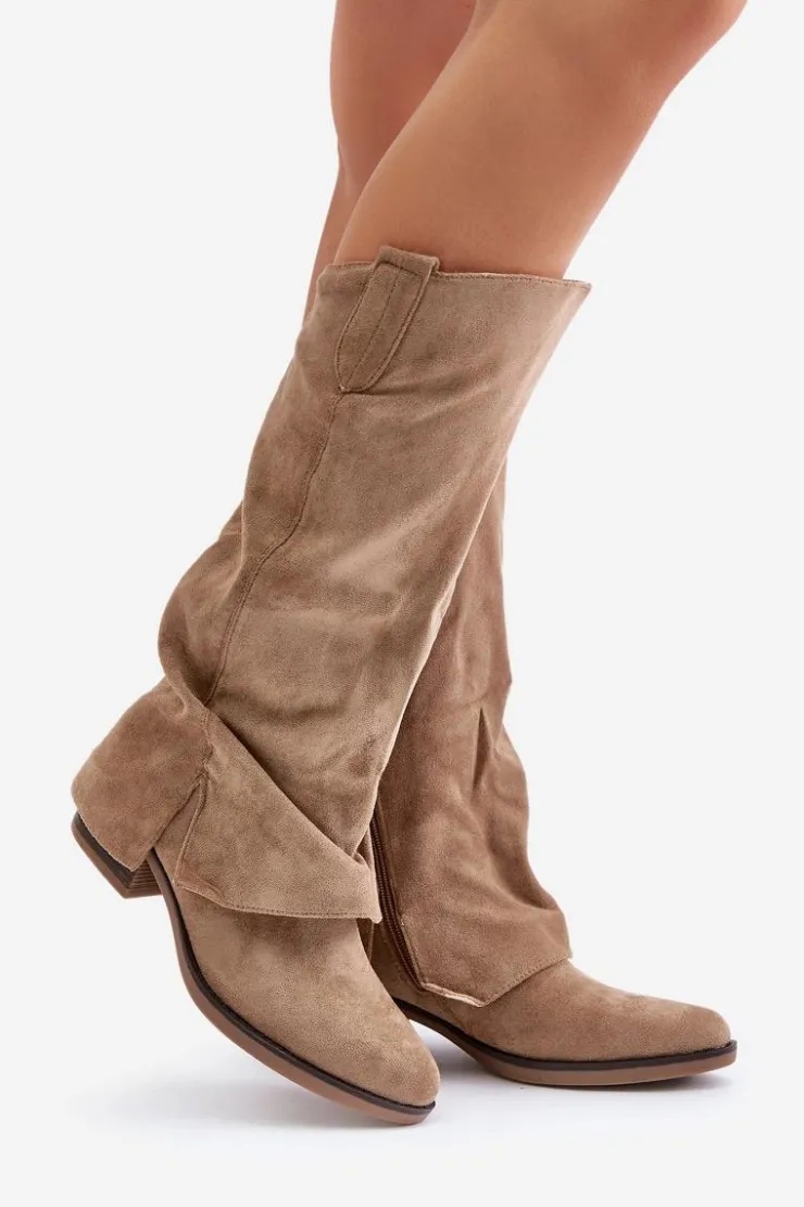 Boto Kozaki Przed Kolano|Kozaki Na Obcasie*Kozaki Damskie Na Niskim Obcasie Z Wywiniętą Cholewką Beżowe Stinova