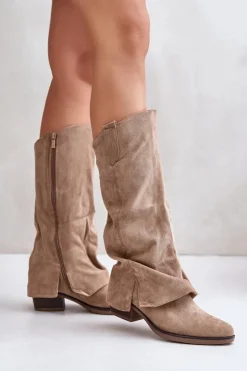 Boto Kozaki Przed Kolano|Kozaki Na Obcasie*Kozaki Damskie Na Niskim Obcasie Z Wywiniętą Cholewką Beżowe Stinova