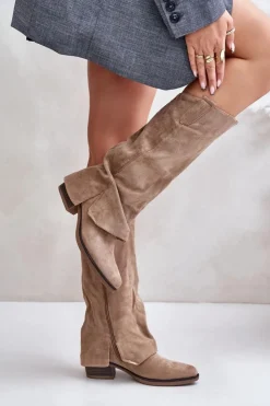 Boto Kozaki Przed Kolano|Kozaki Na Obcasie*Kozaki Damskie Na Niskim Obcasie Z Wywiniętą Cholewką Beżowe Stinova