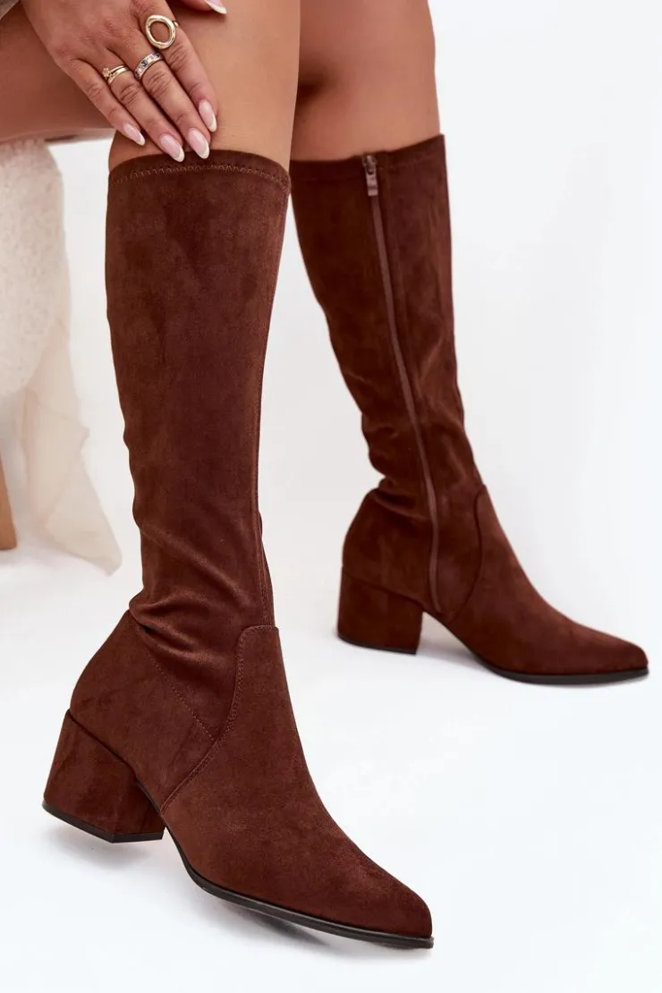 Clearance Buty Sergio Leone Kozaki Damskie Na Niskim Obcasie Eko Zamszowe Sergio Leone KZ212 Brązowe