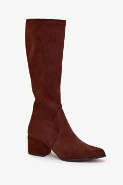 Clearance Buty Sergio Leone Kozaki Damskie Na Niskim Obcasie Eko Zamszowe Sergio Leone KZ212 Brązowe