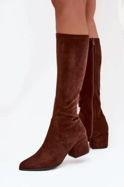 Clearance Buty Sergio Leone Kozaki Damskie Na Niskim Obcasie Eko Zamszowe Sergio Leone KZ212 Brązowe