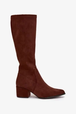 Clearance Buty Sergio Leone Kozaki Damskie Na Niskim Obcasie Eko Zamszowe Sergio Leone KZ212 Brązowe