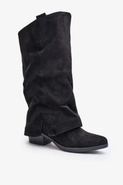 Sale Boto Kozaki Damskie Na Niskim Obcasie Z Wywiniętą Cholewką Czarne Stinova Czarny