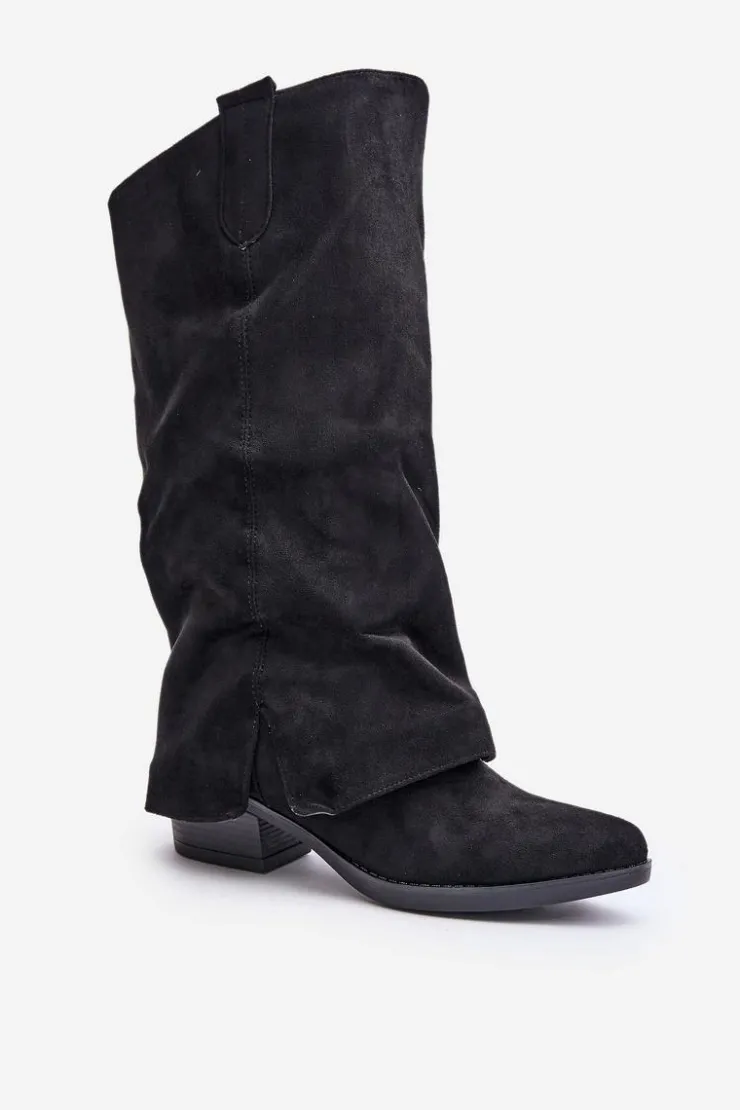 Sale Boto Kozaki Damskie Na Niskim Obcasie Z Wywiniętą Cholewką Czarne Stinova Czarny