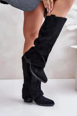 Sale Boto Kozaki Damskie Na Niskim Obcasie Z Wywiniętą Cholewką Czarne Stinova Czarny