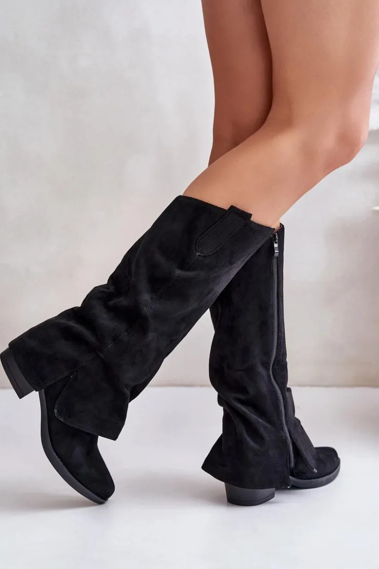 Sale Boto Kozaki Damskie Na Niskim Obcasie Z Wywiniętą Cholewką Czarne Stinova Czarny