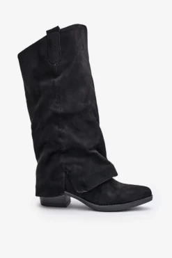 Sale Boto Kozaki Damskie Na Niskim Obcasie Z Wywiniętą Cholewką Czarne Stinova Czarny