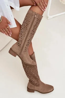 Best Boto Kozaki Damskie Na Niskim Obcasie Z Ażurowym Wzorem Beżowe Marcelline