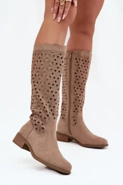 Best Boto Kozaki Damskie Na Niskim Obcasie Z Ażurowym Wzorem Beżowe Marcelline